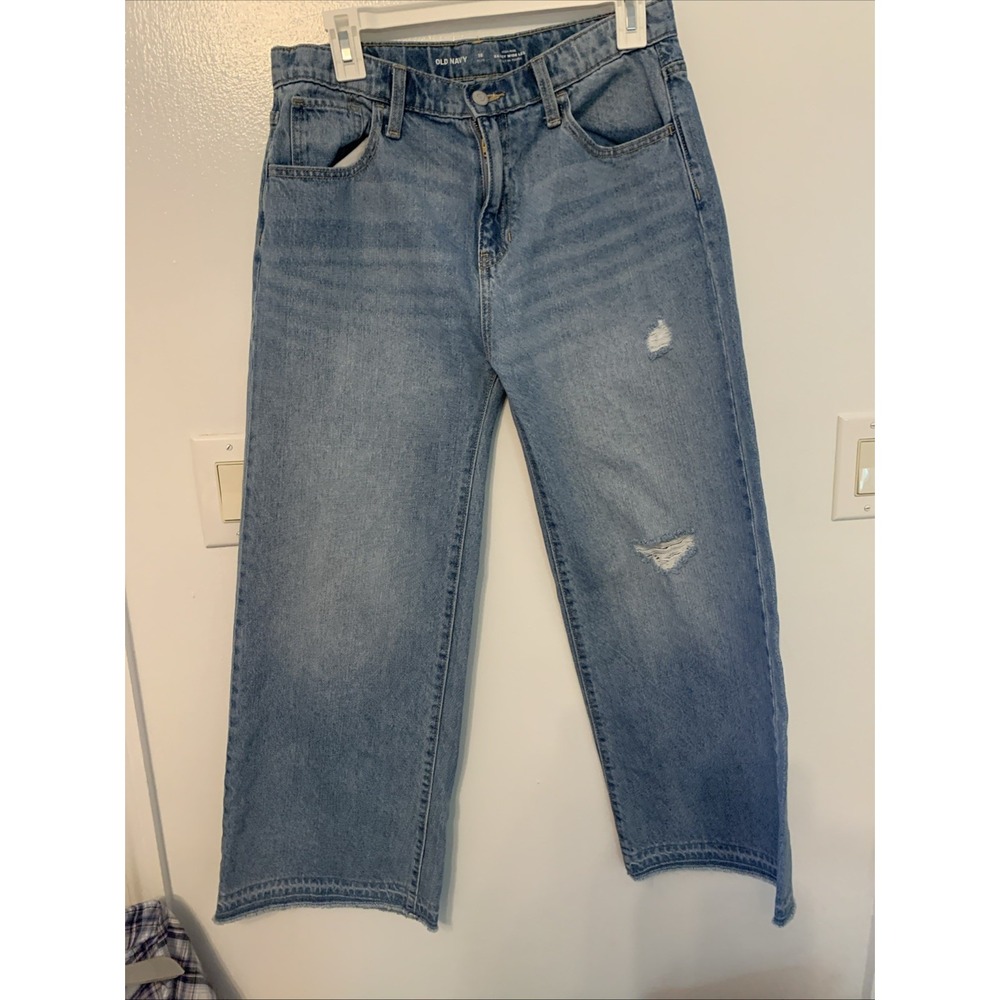Old Navy Girls 16 High Rise Baggy Wide Leg Denim Jeans Blue Distressed